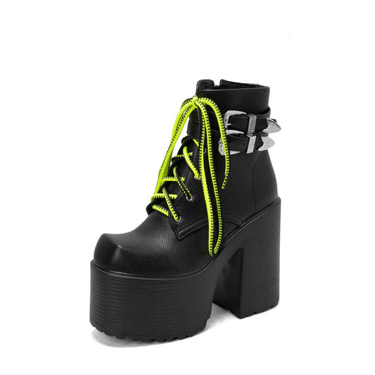 Pu Leather Square Toe Lace Up Buckle Straps Block Chunky Heel Platform Ankle Boots for Women