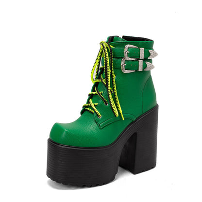 Pu Leather Square Toe Lace Up Buckle Straps Block Chunky Heel Platform Ankle Boots for Women