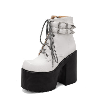 Pu Leather Square Toe Lace Up Buckle Straps Block Chunky Heel Platform Ankle Boots for Women