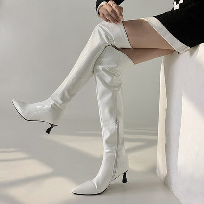 Glossy Pointed Toe Side Zippers Stiletto Heel Over-the-Knee Boots for Women