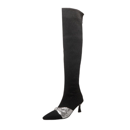 Pointed Toe Glitter Bowtie Stiletto Heel Over-the-Knee Boots for Women