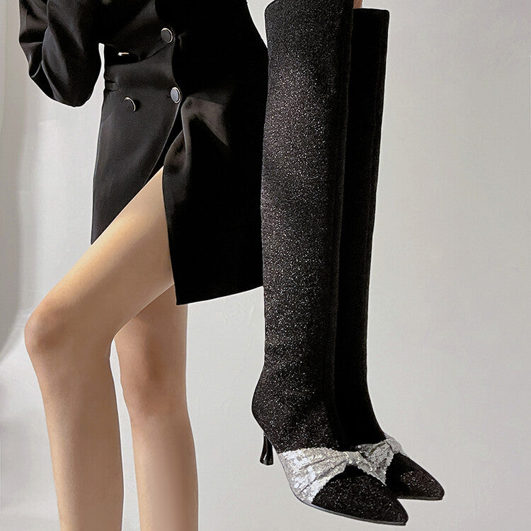 Pointed Toe Glitter Bowtie Stiletto Heel Over-the-Knee Boots for Women