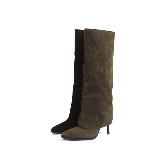 Pointed Toe Fold Stiletto Heel Knee-High Boots for Women