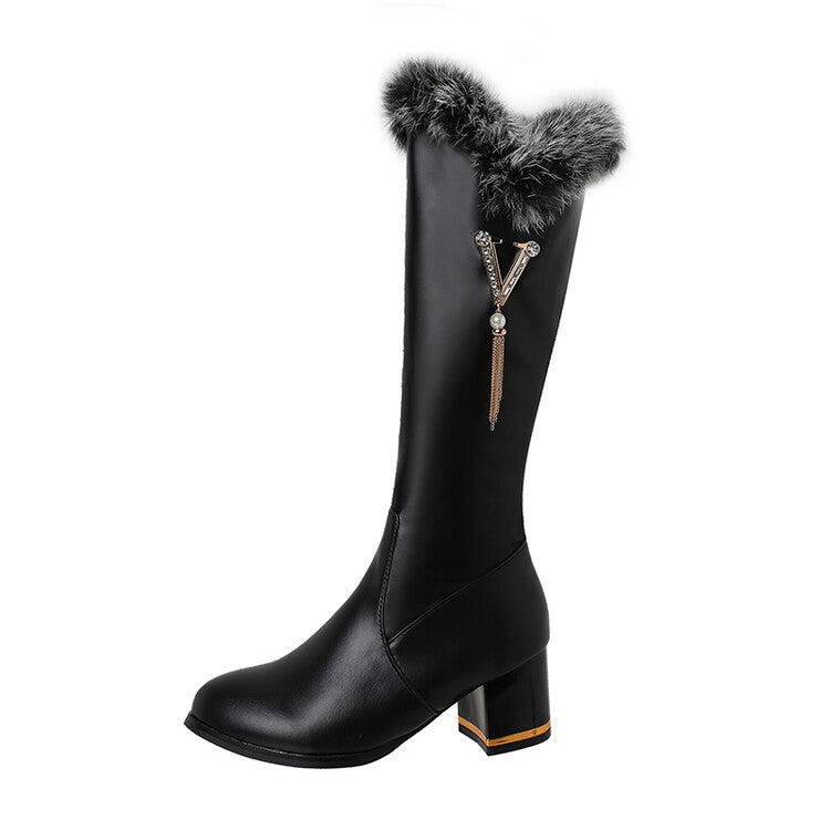 Round Toe Side Zippers Fur Block Chunky Heel Knee-High Boots for Women