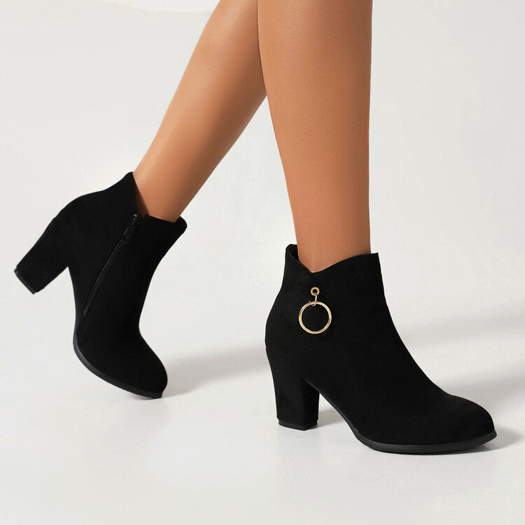 Flock Round Toe Side Zippers Block Heel Short Boots for Women