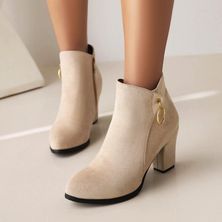 Flock Round Toe Side Zippers Block Heel Short Boots for Women