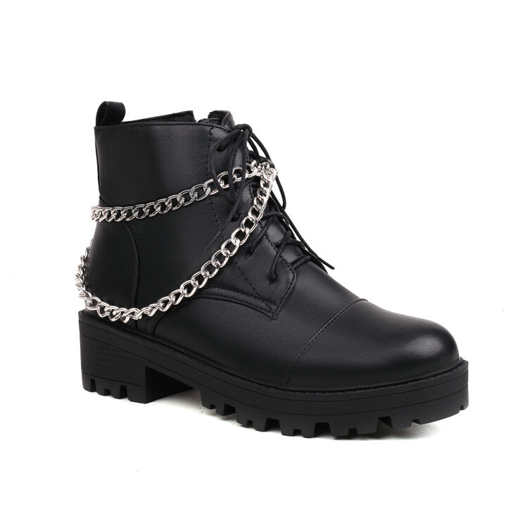 Pu Leather Round Toe Lace Up Side Zippers Metal Chains Block Chunky Heel Platform Short Boots for Women