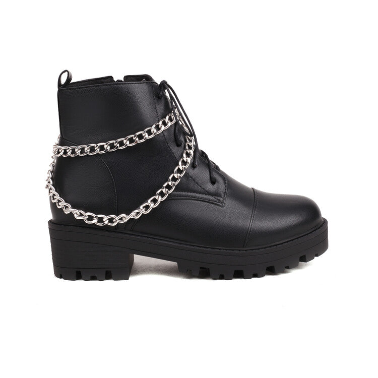 Pu Leather Round Toe Lace Up Side Zippers Metal Chains Block Chunky Heel Platform Short Boots for Women