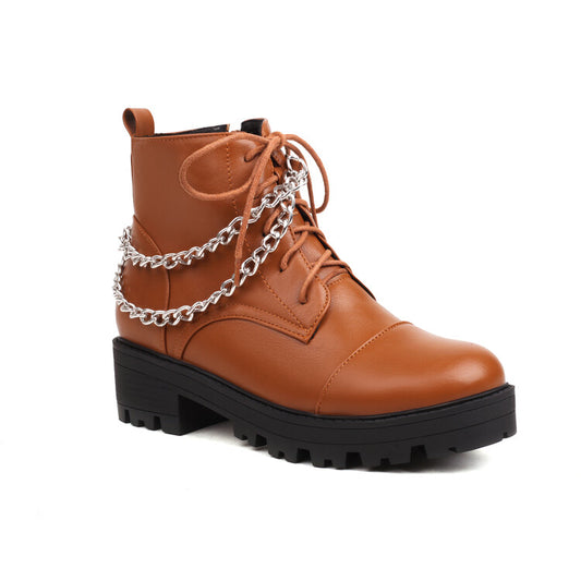 Pu Leather Round Toe Lace Up Side Zippers Metal Chains Block Chunky Heel Platform Short Boots for Women