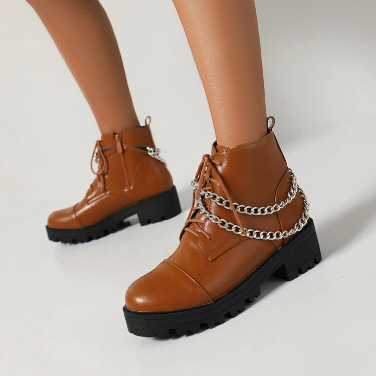 Pu Leather Round Toe Lace Up Side Zippers Metal Chains Block Chunky Heel Platform Short Boots for Women