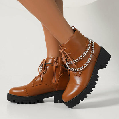 Pu Leather Round Toe Lace Up Side Zippers Metal Chains Block Chunky Heel Platform Short Boots for Women