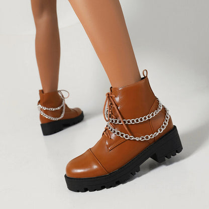 Pu Leather Round Toe Lace Up Side Zippers Metal Chains Block Chunky Heel Platform Short Boots for Women