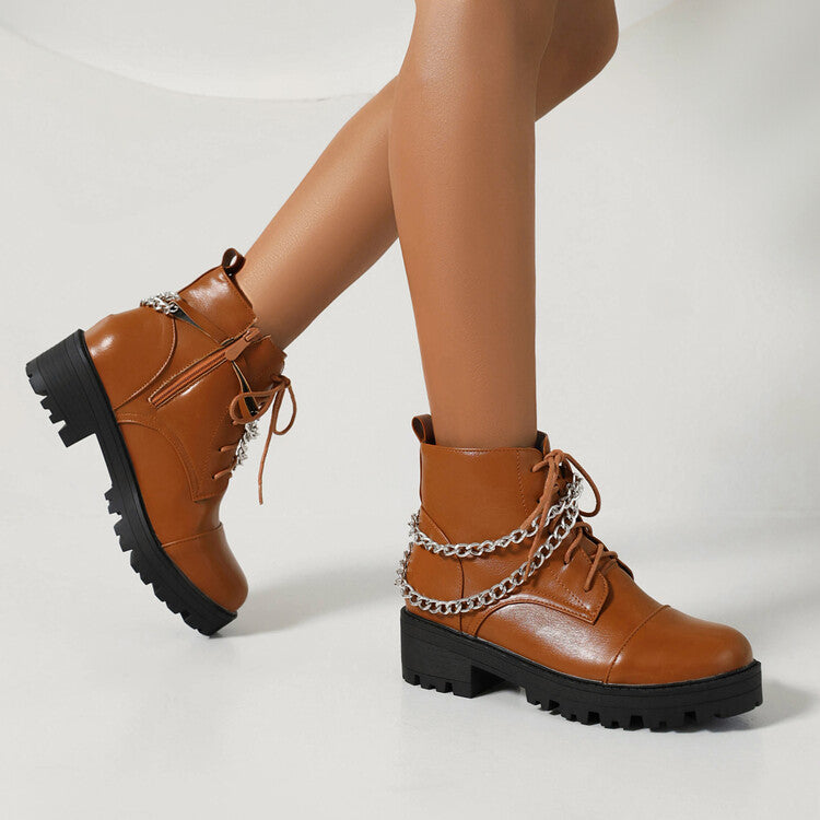 Pu Leather Round Toe Lace Up Side Zippers Metal Chains Block Chunky Heel Platform Short Boots for Women