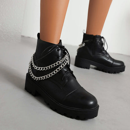 Pu Leather Round Toe Lace Up Side Zippers Metal Chains Block Chunky Heel Platform Short Boots for Women