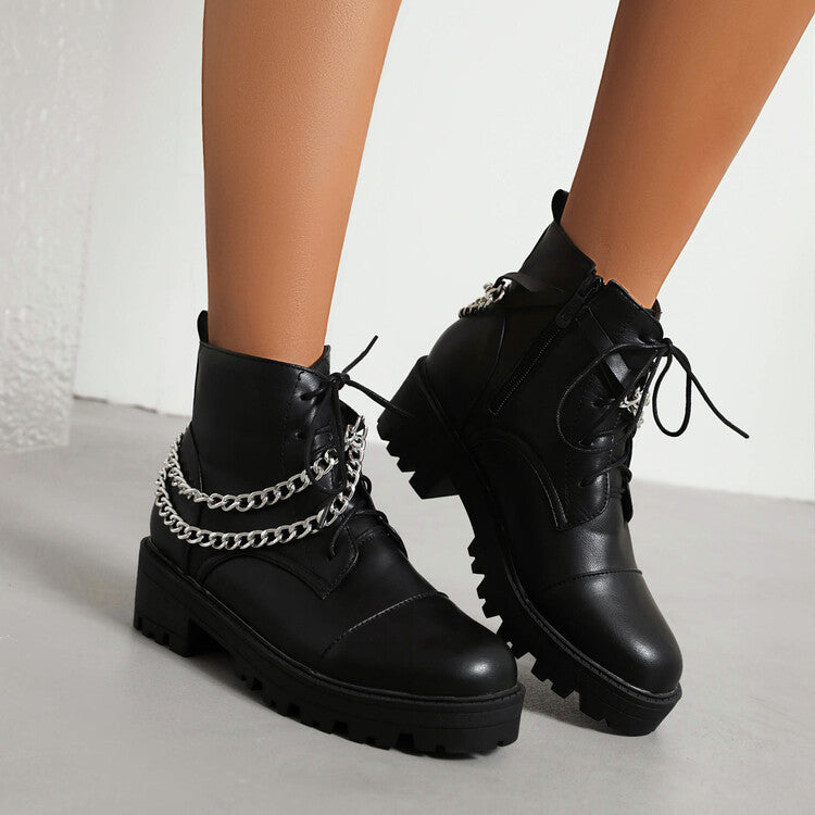 Pu Leather Round Toe Lace Up Side Zippers Metal Chains Block Chunky Heel Platform Short Boots for Women