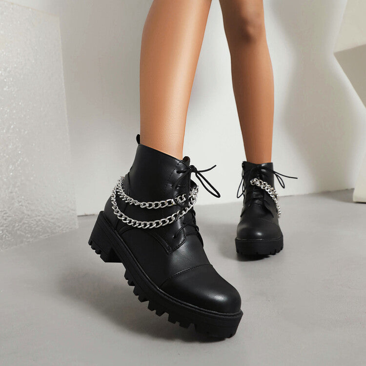 Pu Leather Round Toe Lace Up Side Zippers Metal Chains Block Chunky Heel Platform Short Boots for Women