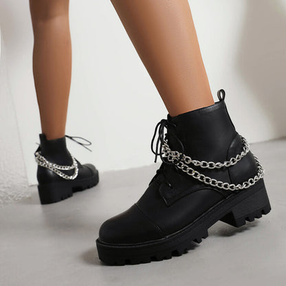 Pu Leather Round Toe Lace Up Side Zippers Metal Chains Block Chunky Heel Platform Short Boots for Women