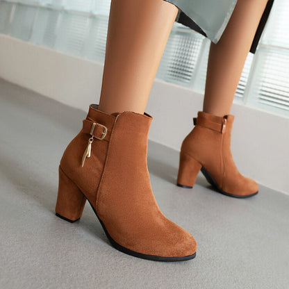 Flock Buckle Straps Block Chunky Heel Side Zippers Short Boots for Women