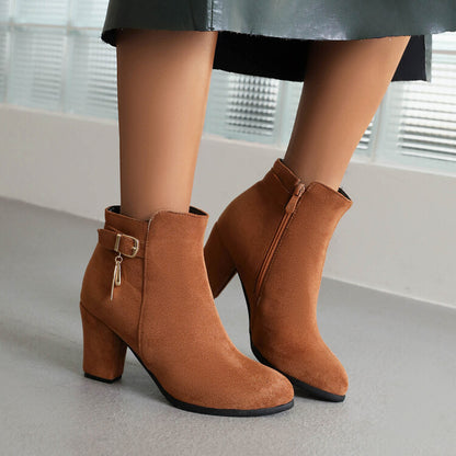 Flock Buckle Straps Block Chunky Heel Side Zippers Short Boots for Women