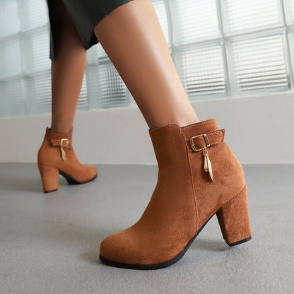 Flock Buckle Straps Block Chunky Heel Side Zippers Short Boots for Women