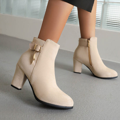 Flock Buckle Straps Block Chunky Heel Side Zippers Short Boots for Women