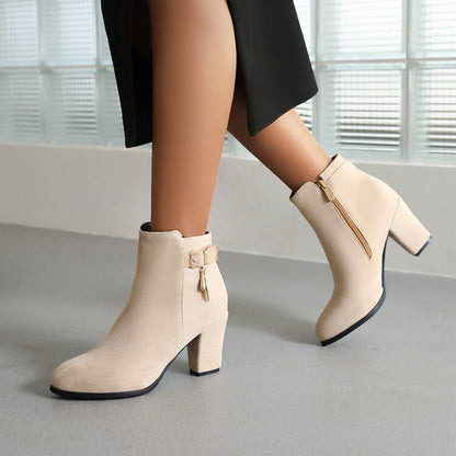 Flock Buckle Straps Block Chunky Heel Side Zippers Short Boots for Women