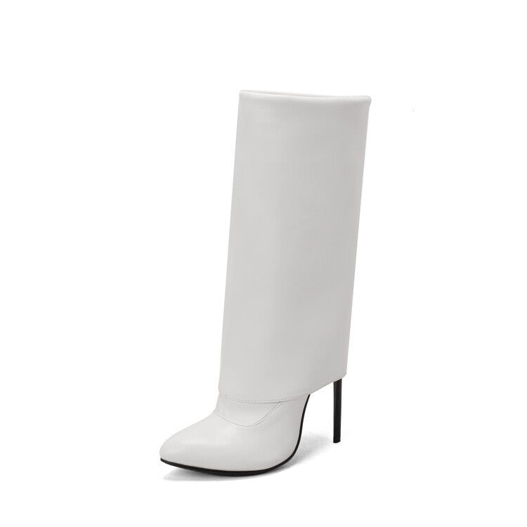 Pu Leather Pointed Toe Side Zippers Fold Stiletto Heel Mid-Calf Boots for Women