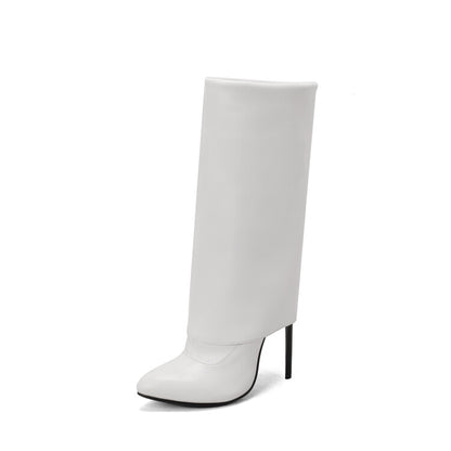 Pu Leather Pointed Toe Side Zippers Fold Stiletto Heel Mid-Calf Boots for Women