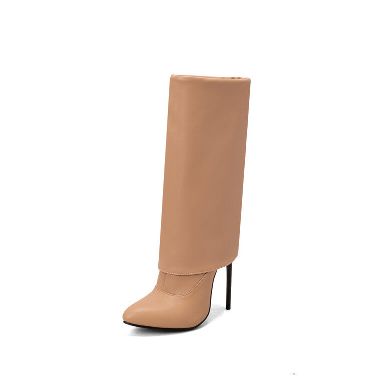 Pu Leather Pointed Toe Side Zippers Fold Stiletto Heel Mid-Calf Boots for Women