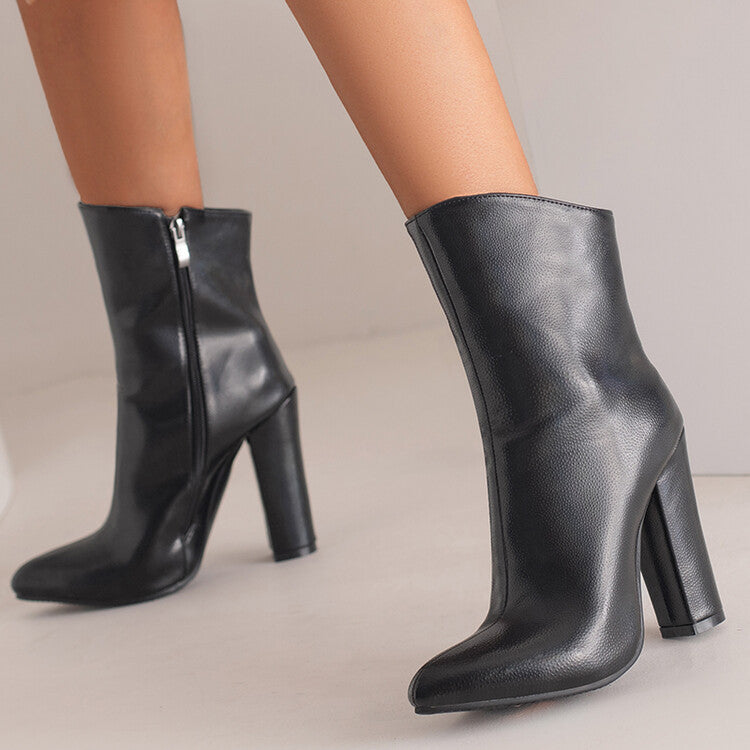 Sparkling Patent Side Zippers Pointed Toe Block Chunky Heel Mid-Calf Boots for Women