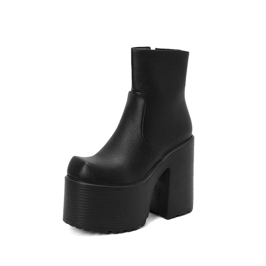 Embossed Leather Pu Leather Side Zippers Block Chunky Heel Platform Ankle Boots for Women