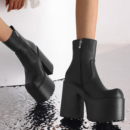 Embossed Leather Pu Leather Side Zippers Block Chunky Heel Platform Ankle Boots for Women