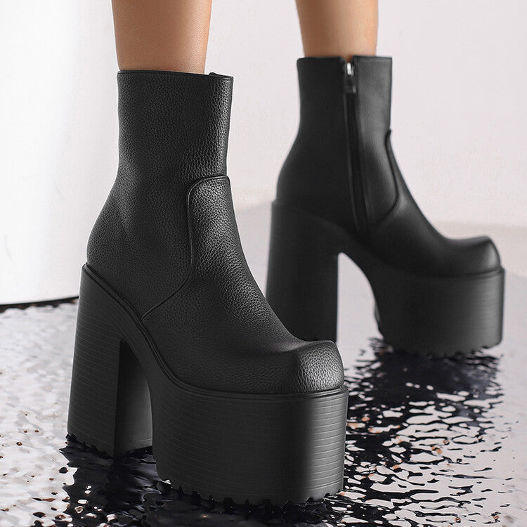 Embossed Leather Pu Leather Side Zippers Block Chunky Heel Platform Ankle Boots for Women