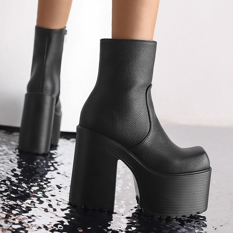 Embossed Leather Pu Leather Side Zippers Block Chunky Heel Platform Ankle Boots for Women