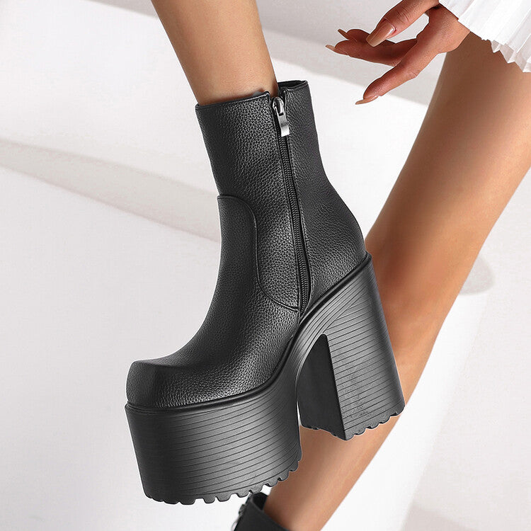 Embossed Leather Pu Leather Side Zippers Block Chunky Heel Platform Ankle Boots for Women