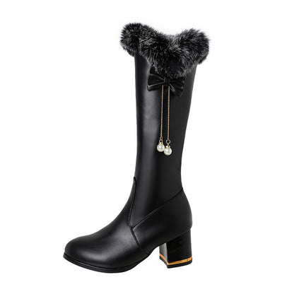 Round Toe Fur Tube Block Chunky Heel Knee-High Boots for Women