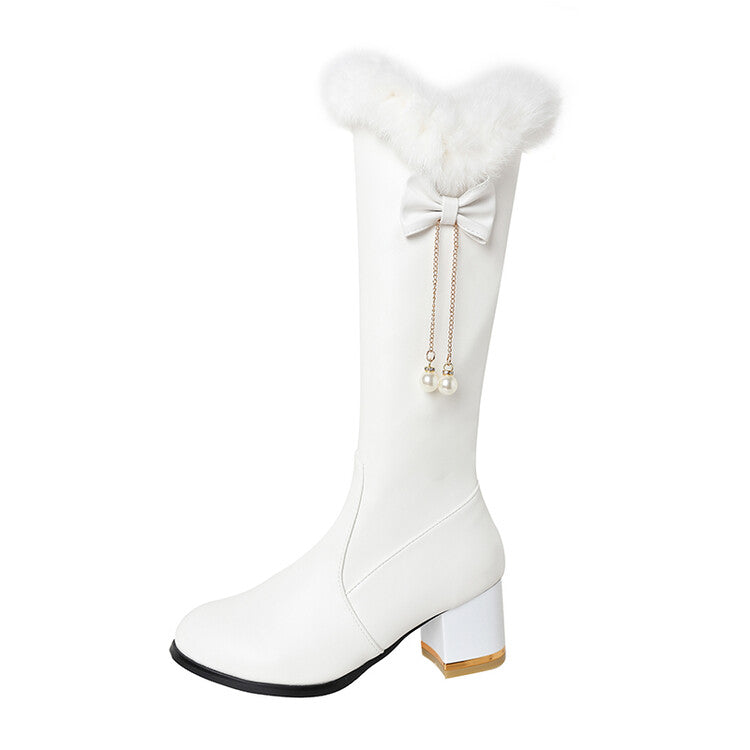 Round Toe Fur Tube Block Chunky Heel Knee-High Boots for Women