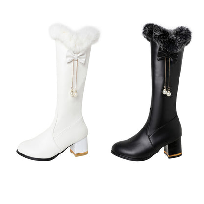 Round Toe Fur Tube Block Chunky Heel Knee-High Boots for Women