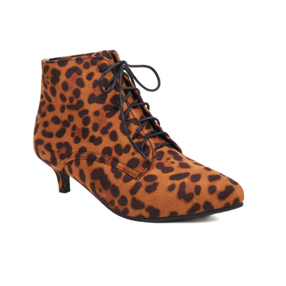 Booties Leopard Print Flock Lace Up Kitten Heel Ankle Boots for Women