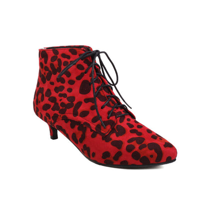 Booties Leopard Print Flock Lace Up Kitten Heel Ankle Boots for Women