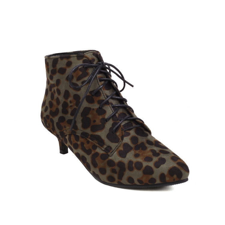 Booties Leopard Print Flock Lace Up Kitten Heel Ankle Boots for Women