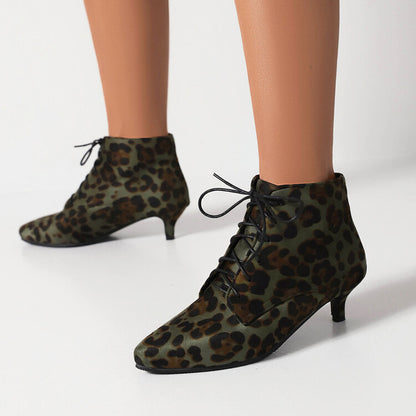 Booties Leopard Print Flock Lace Up Kitten Heel Ankle Boots for Women