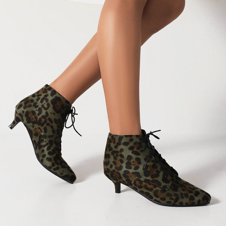 Booties Leopard Print Flock Lace Up Kitten Heel Ankle Boots for Women