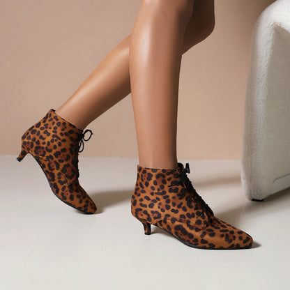 Booties Leopard Print Flock Lace Up Kitten Heel Ankle Boots for Women