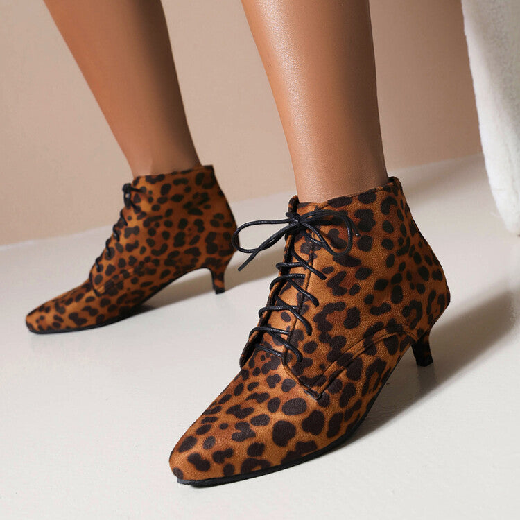 Booties Leopard Print Flock Lace Up Kitten Heel Ankle Boots for Women