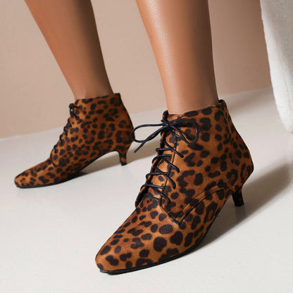 Booties Leopard Print Flock Lace Up Kitten Heel Ankle Boots for Women