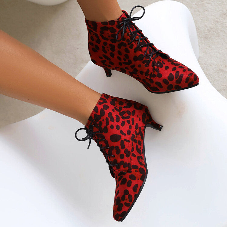 Booties Leopard Print Flock Lace Up Kitten Heel Ankle Boots for Women