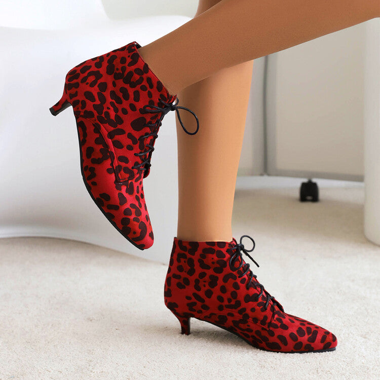 Booties Leopard Print Flock Lace Up Kitten Heel Ankle Boots for Women