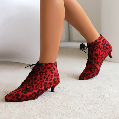 Booties Leopard Print Flock Lace Up Kitten Heel Ankle Boots for Women