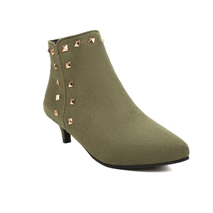 Booties Flock Pointed Toe Rivets Side Zippers Kitten Heel Ankle Boots for Women